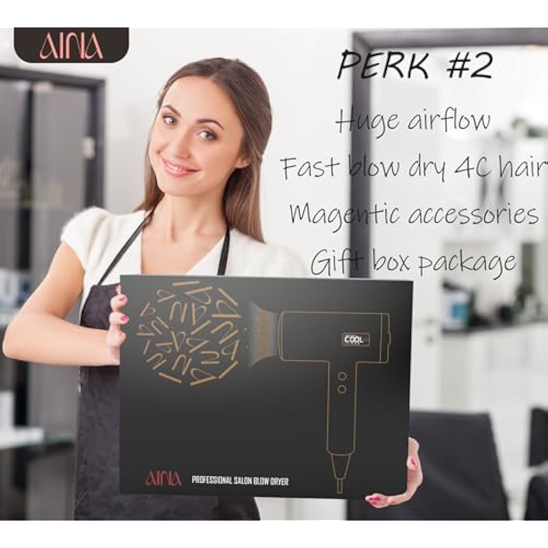 AINA Professional Ionic Hair Dryer | 150,000 RPM BLDC Motor - Black