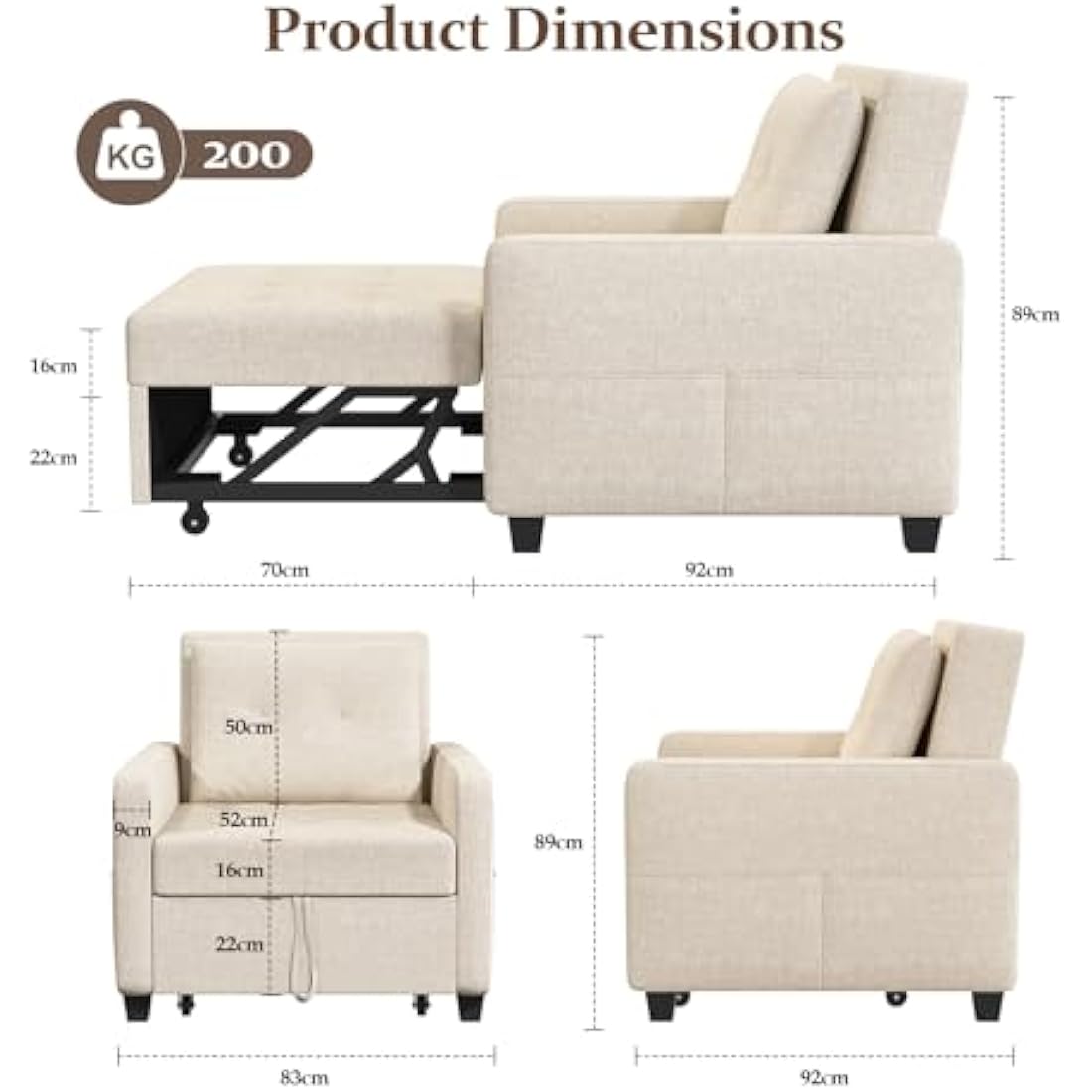 Vesgantti 3-in-1 Convertible Sofa Bed | Beige Linen Sleeper Chair