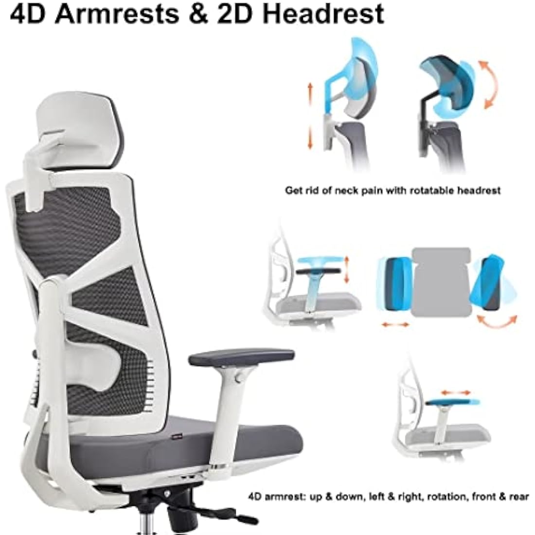 HOLLUDLE Ergonomic Office Chair – High Back Mesh Desk Chair with 4D Armrests