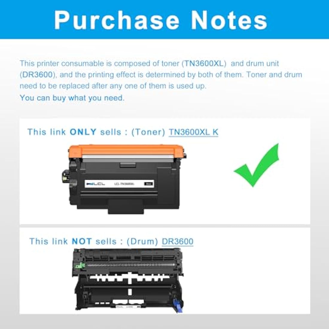 LCL TN3600XL High-Yield Black Toner Cartridge for Brother Printers