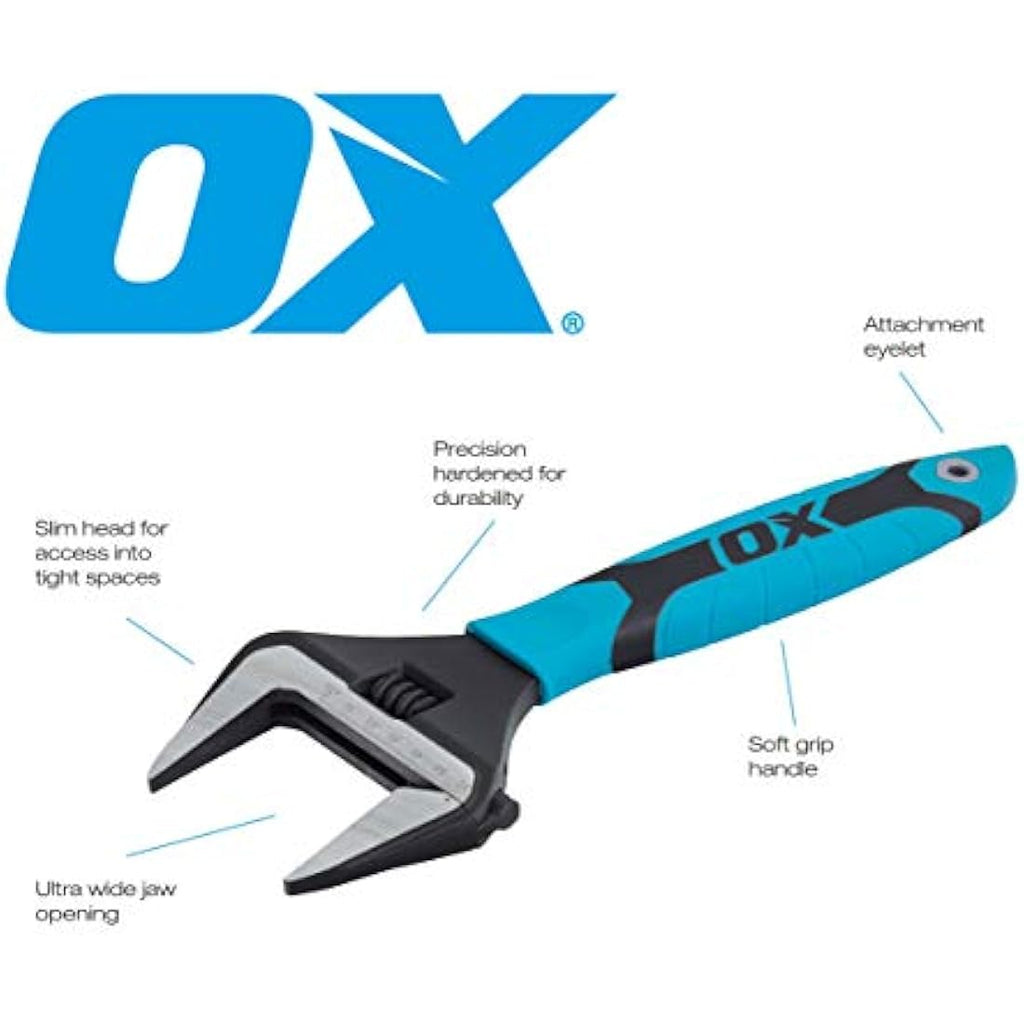 OX Pro 10 Inch Extra Wide Jaw Adjustable Wrench – Soft Grip Spanner