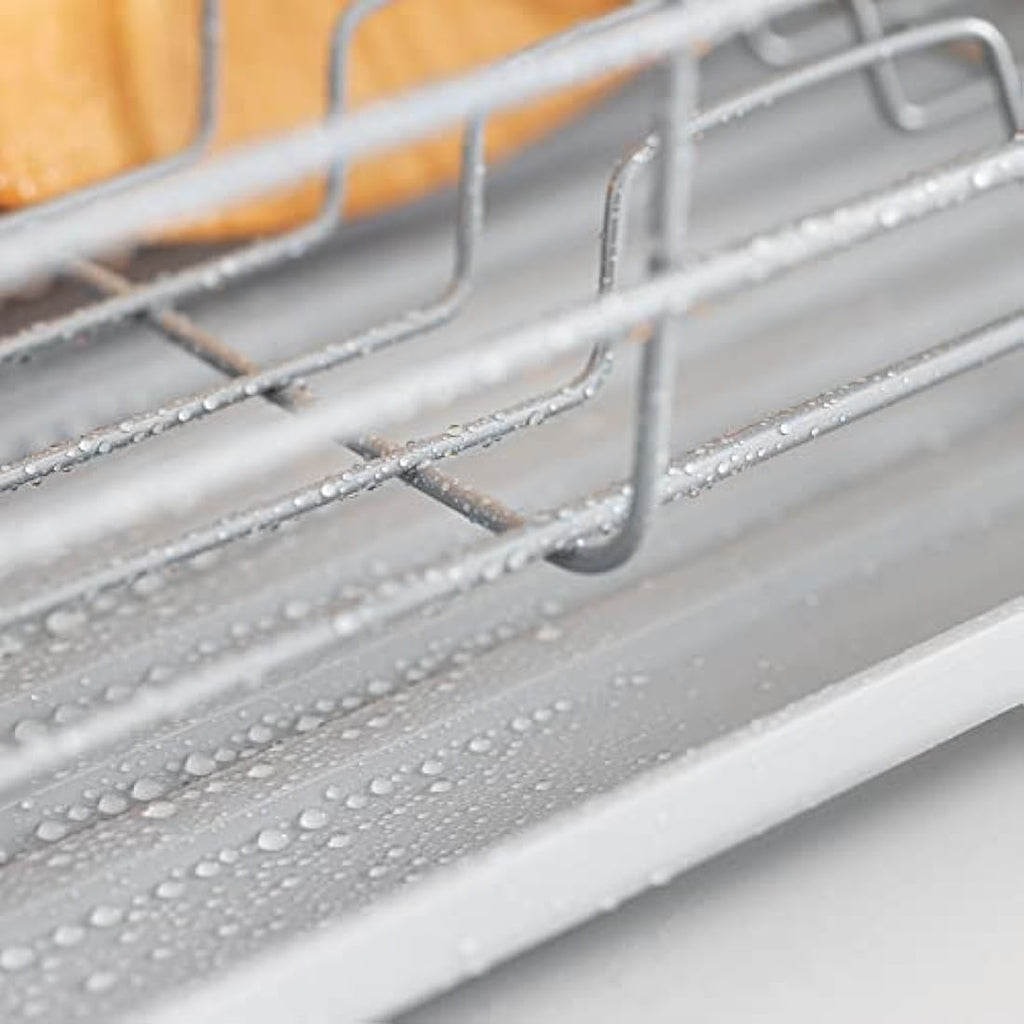Navaris Dish Drainer Rack – Grey Iron with Beechwood Handles and Tray