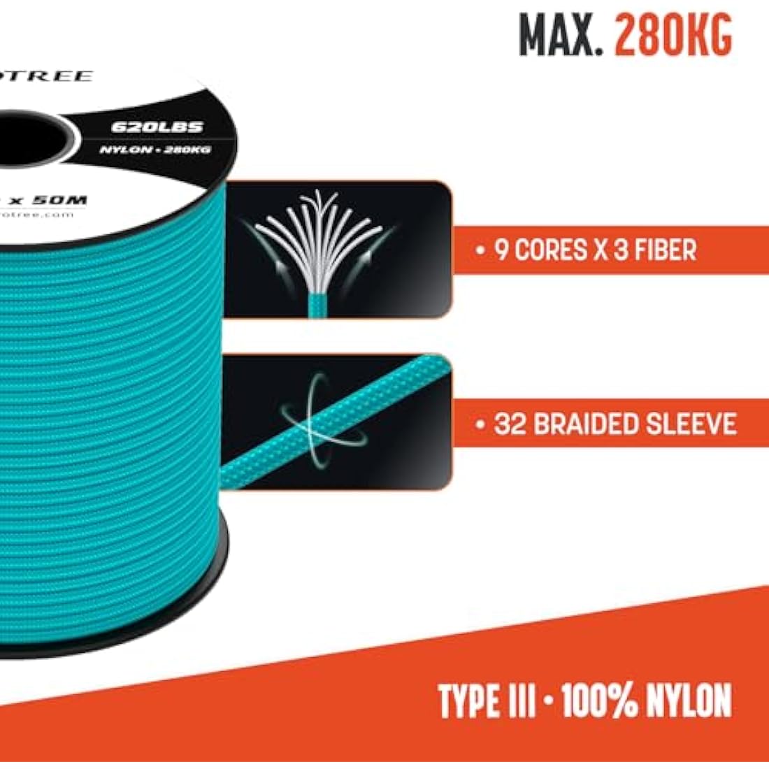 Brotree 4mm 9 Strand Nylon Paracord – 100M Type III Parachute Cord