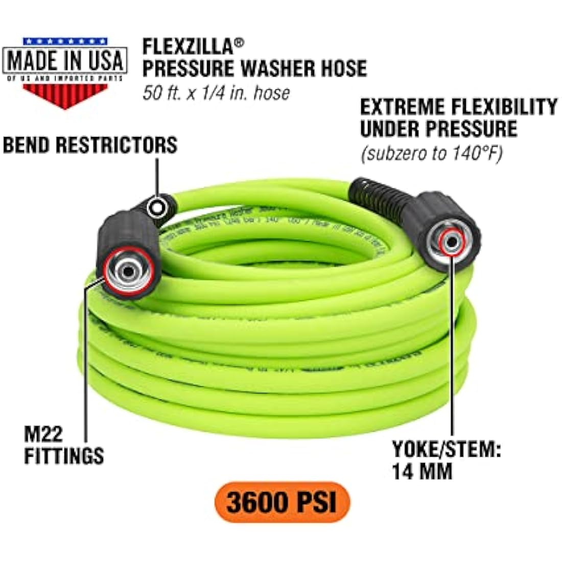Flexzilla Pressure Washer Hose | 3600 PSI, 1/4 in. x 50 ft, ZillaGreen