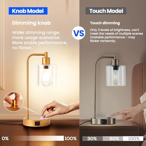 Homelist Industrial Gold Bedside Lamps – Set of 2 Dimmable USB Table Lamps