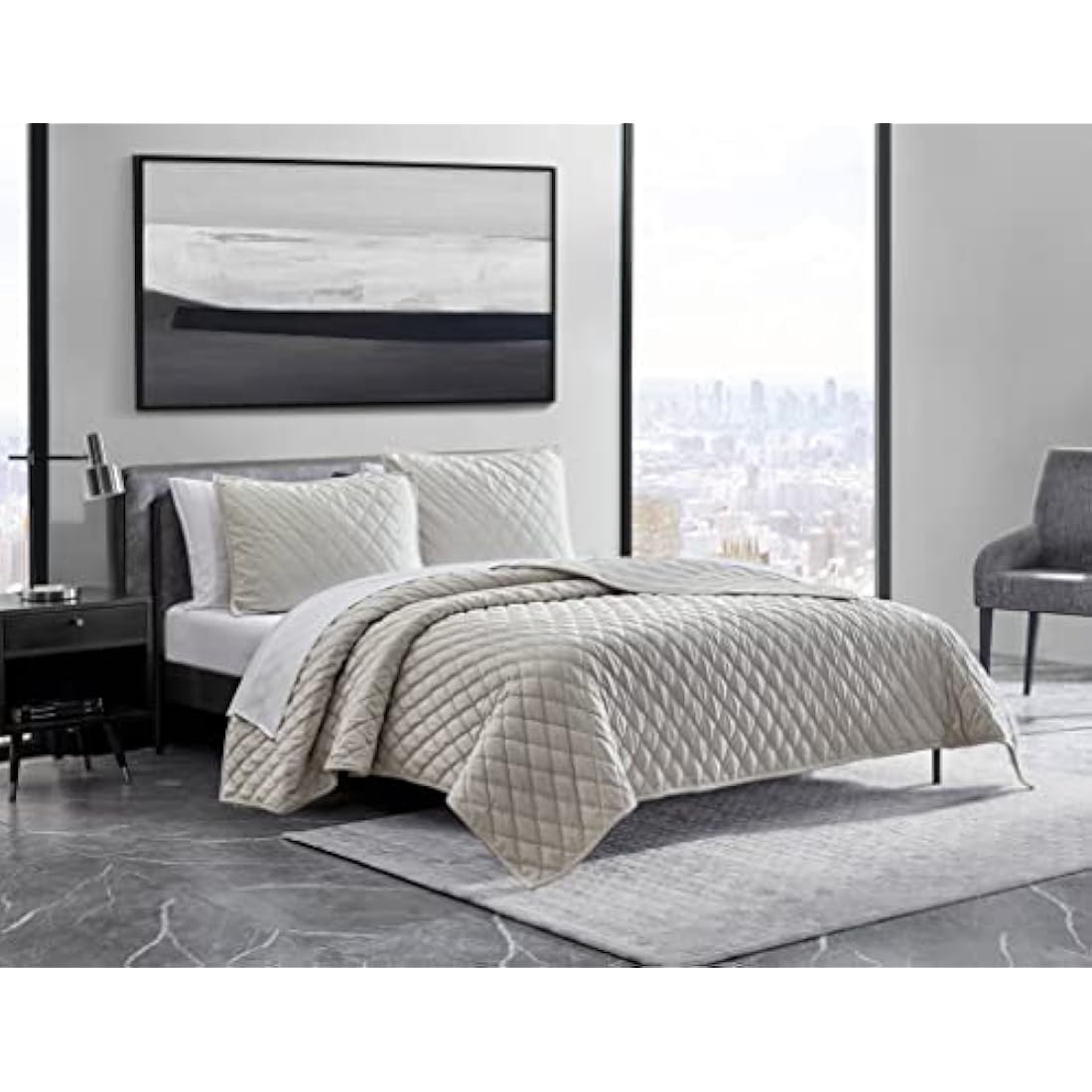 Vera Wang Velvet Quilt Set – Luxury Diamond Stitch Bedding, Ivory, Queen