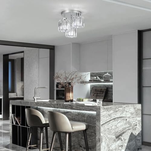 FORCOSO Modern Crystal Ceiling Light – 3-Light Chrome Semi Flush Chandelier