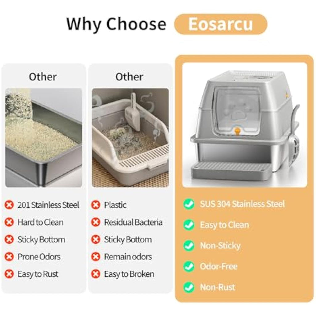Eosarcu XXL Stainless Steel Cat Litter Box – Enclosed Odor Control Tray