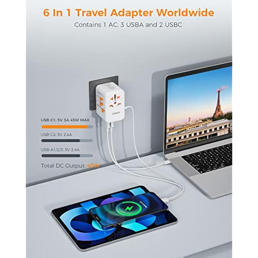 TESSAN Universal Travel Adapter | 45W USB C Fast Charging 6-in-1 Plug