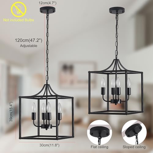 Industrial Black Metal Chandelier – 4-Light Lantern Pendant