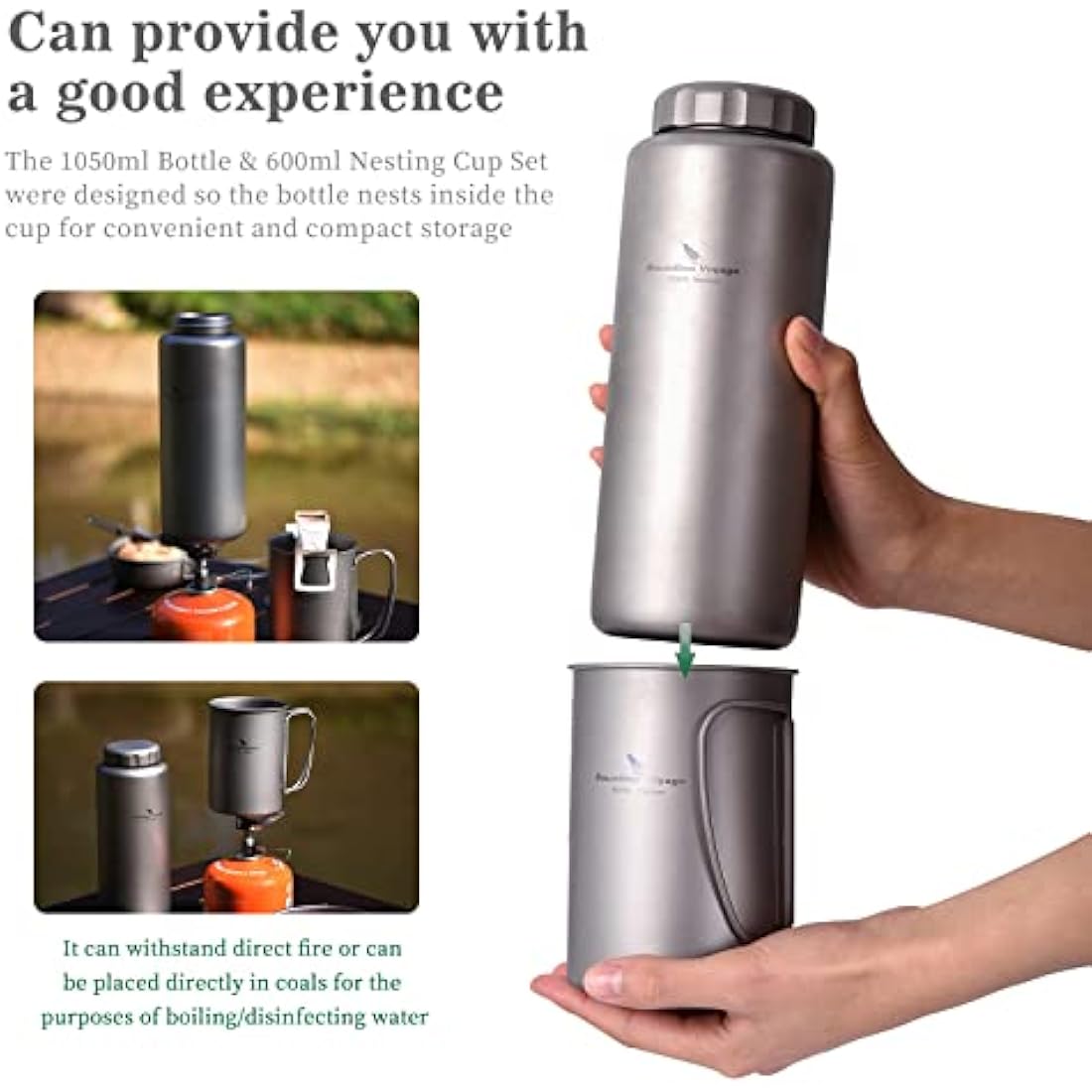 iBasingo Titanium 1050ml Bottle & 600ml Nesting Cup Set for Camping