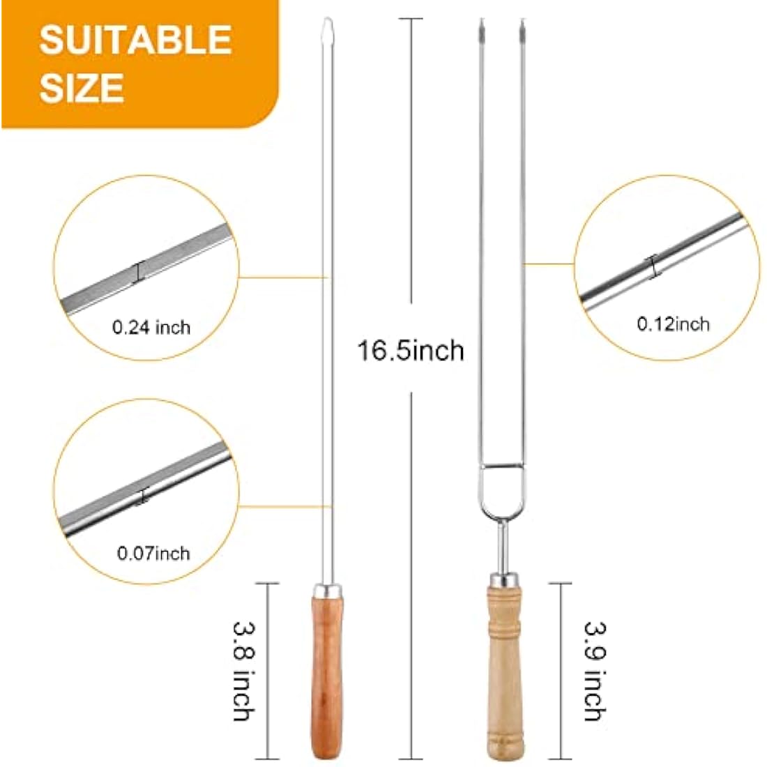 Stainless Steel BBQ Skewers with Wooden Handles - 8 PCS