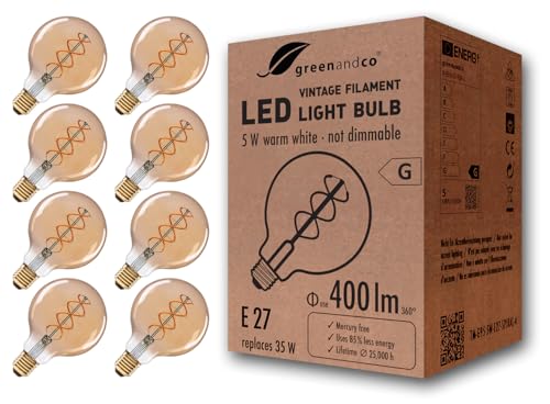 greenandco E27 G95 Vintage LED Filament Bulb - 2000K Warm White, 8-Pack