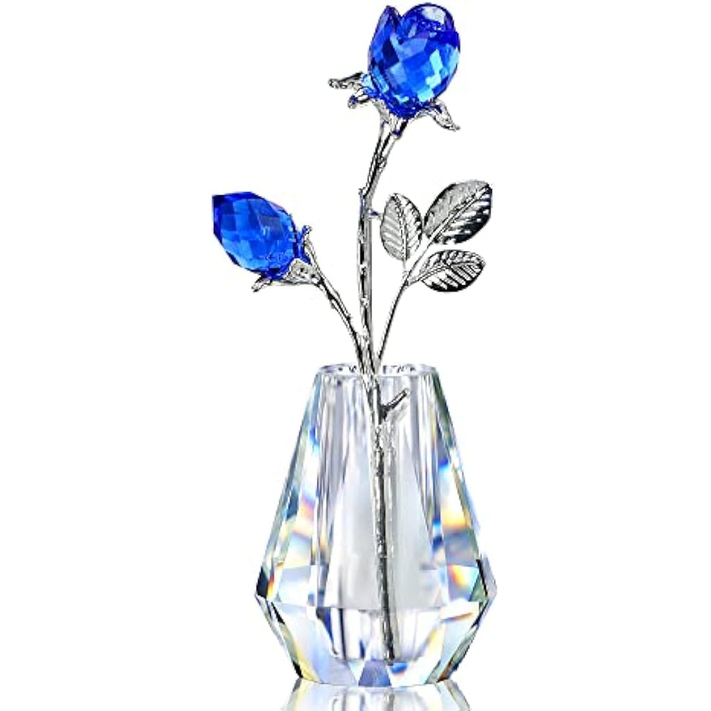 H&D Hyaline & Dora Crystal Blue Roses Figurine with Silver Stem and Vase