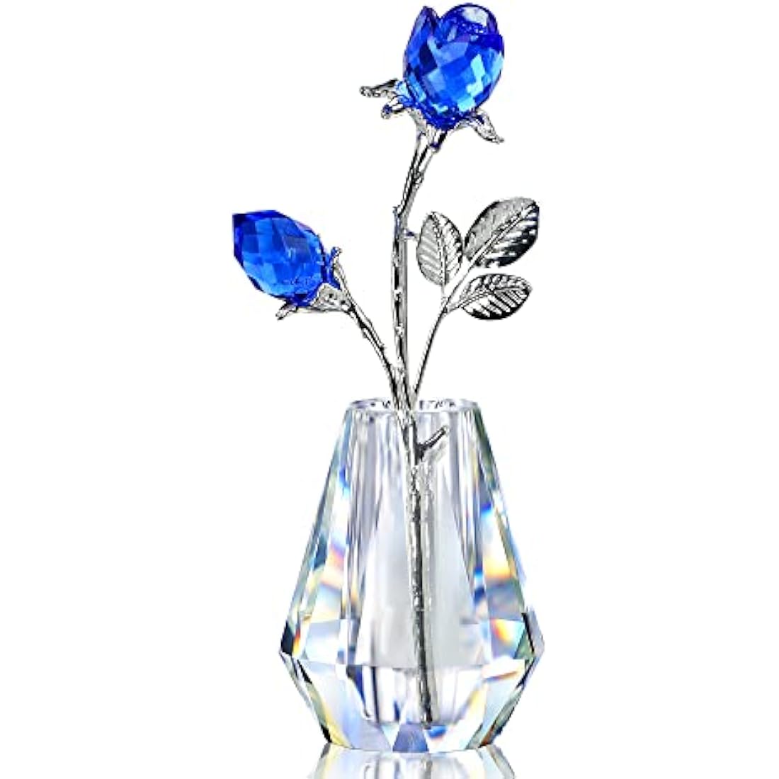 H&D Hyaline & Dora Crystal Blue Roses Figurine with Silver Stem and Vase