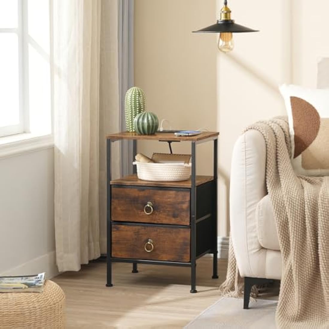 HOOBRO Bedside Table with Charging Station | 2-Drawer Rustic Nightstand