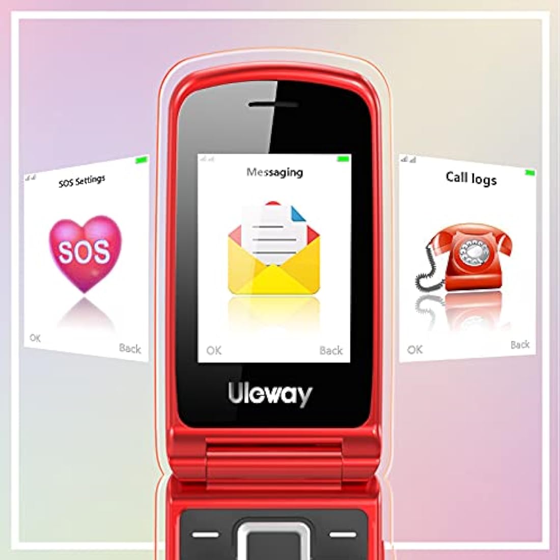Uleway Senior Flip Mobile Phone – Big Button Unlocked SOS Phone, Red