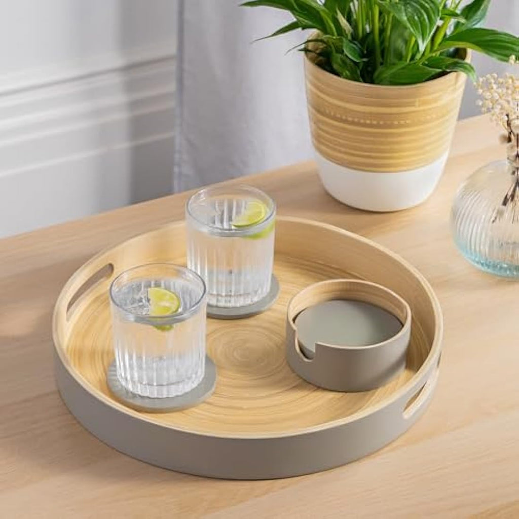 Dehaus Large Round Bamboo Serving Tray with Handles – Grey Wooden Lap Tray
