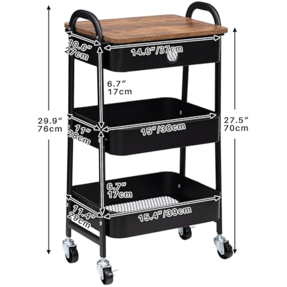 3-Tier Metal Rolling Storage Cart with Drawer | Black