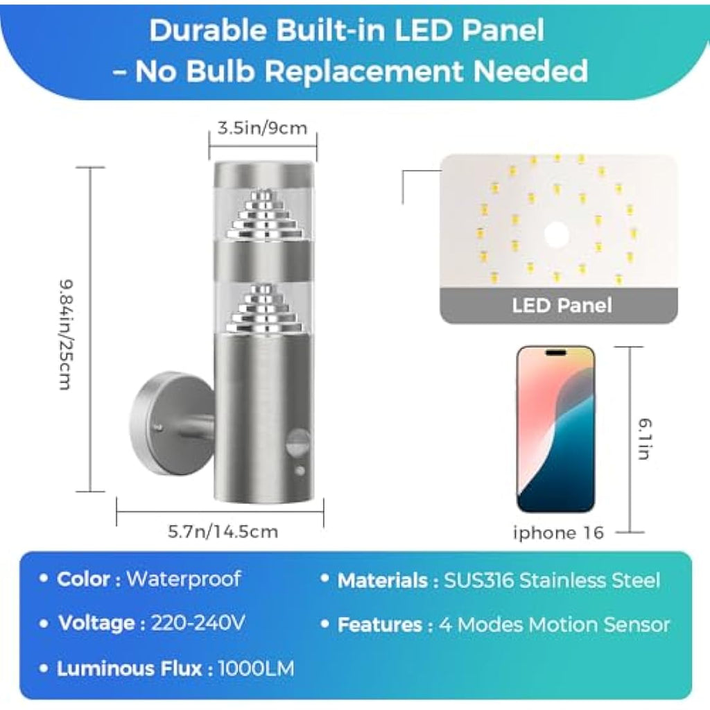 NBHANYUAN LED Outdoor Wall Light | SUS316 Stainless Steel PIR Sensor Lamp