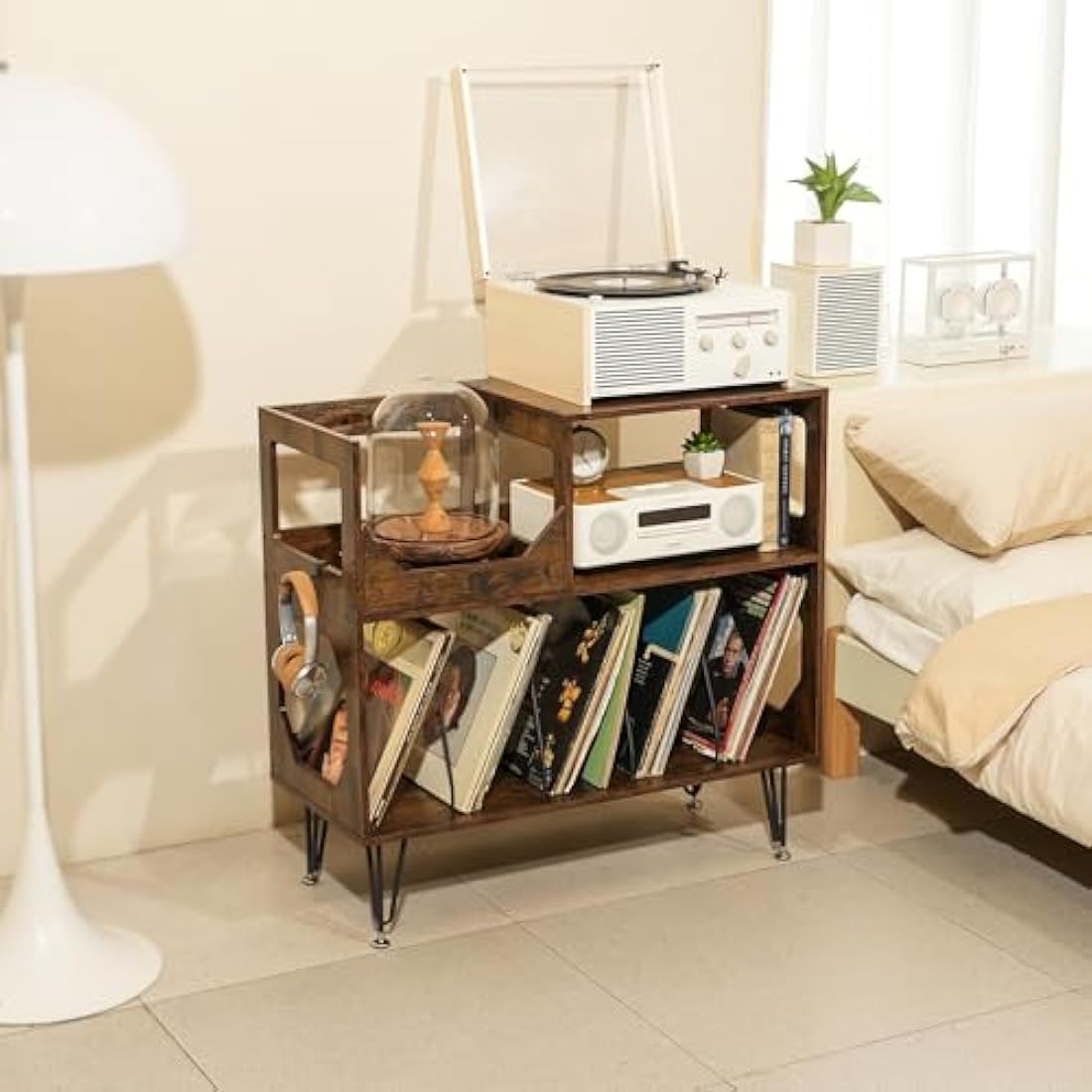 ikkle Rustic Record Player Stand | 2-Tier Vinyl Storage Cabinet for 370 Albums