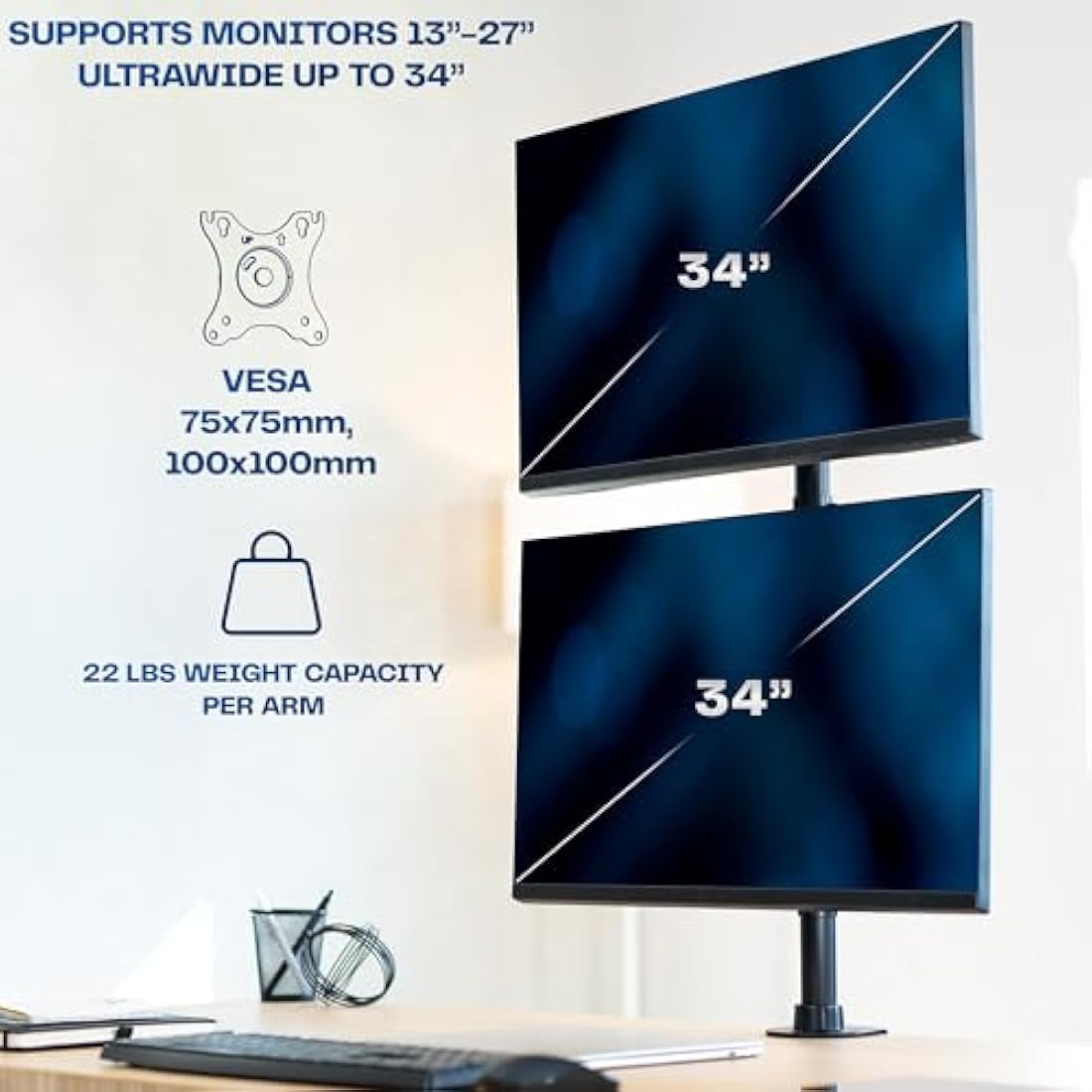 VIVO Dual Monitor Desk Mount | Stacked Vertical Stand for 13-34" Screens