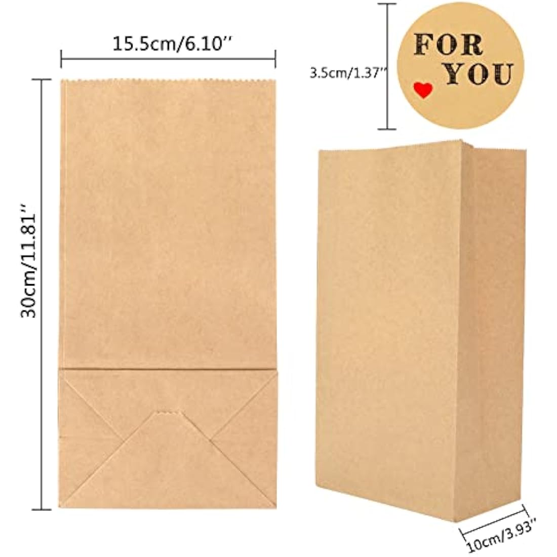 Brown Kraft Paper Bags with Stickers - 50 Pack 15.5x10x30cm