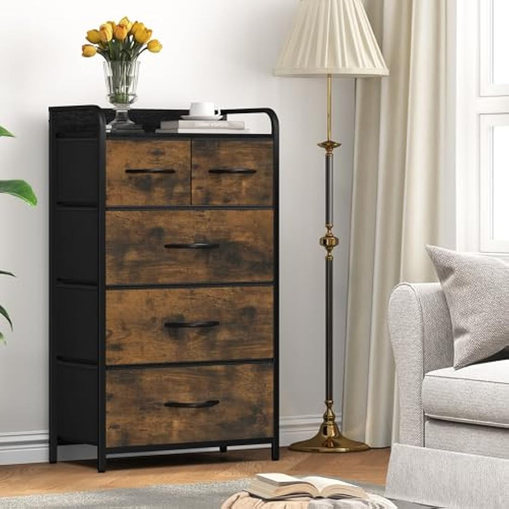 YITAHOME 5-Drawer Fabric Dresser – Rustic Brown Storage Chest with Metal Frame