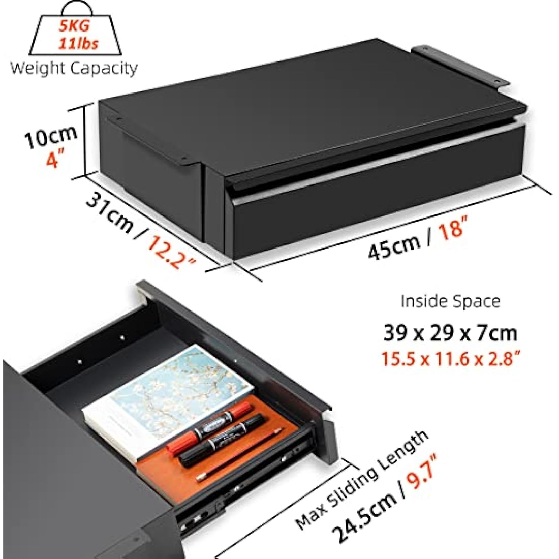 OSteed Large Under Desk Drawer – Metal Pull-Out Shelf Organizer