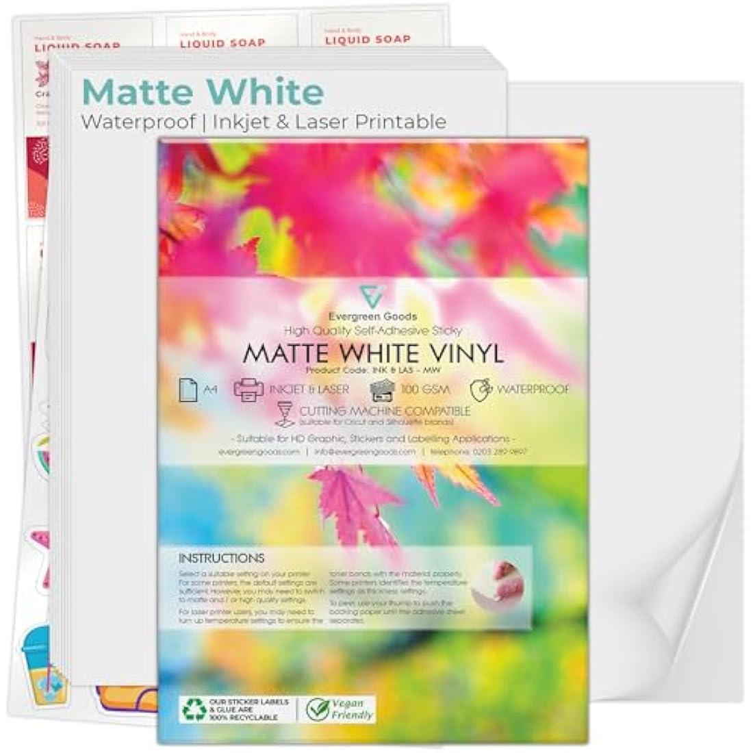 Evergreen Goods A4 Matte White Vinyl Sticker Paper - 100 Sheets 200 GSM