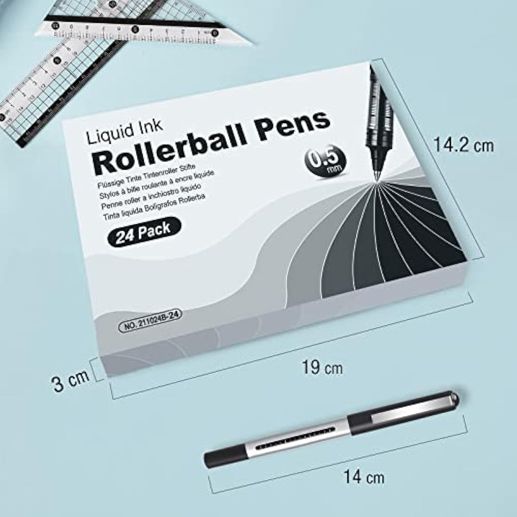 AKARUED 24 Pack Black Rollerball Pens | 0.5mm Quick-Drying Liquid Ink