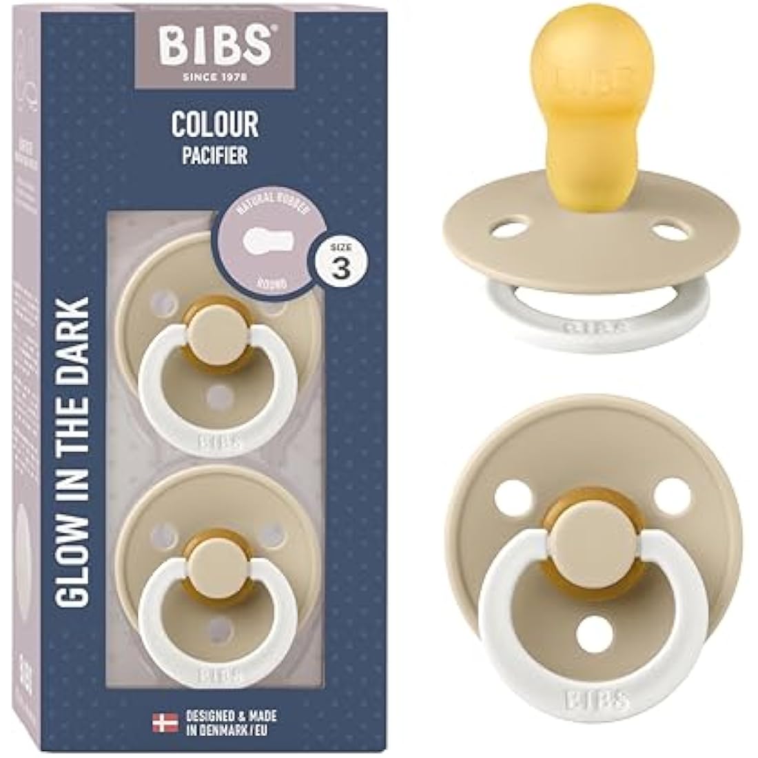 BIBS Colour Night Glow Pacifier – Natural Rubber Latex, Size 3, 2-Pack