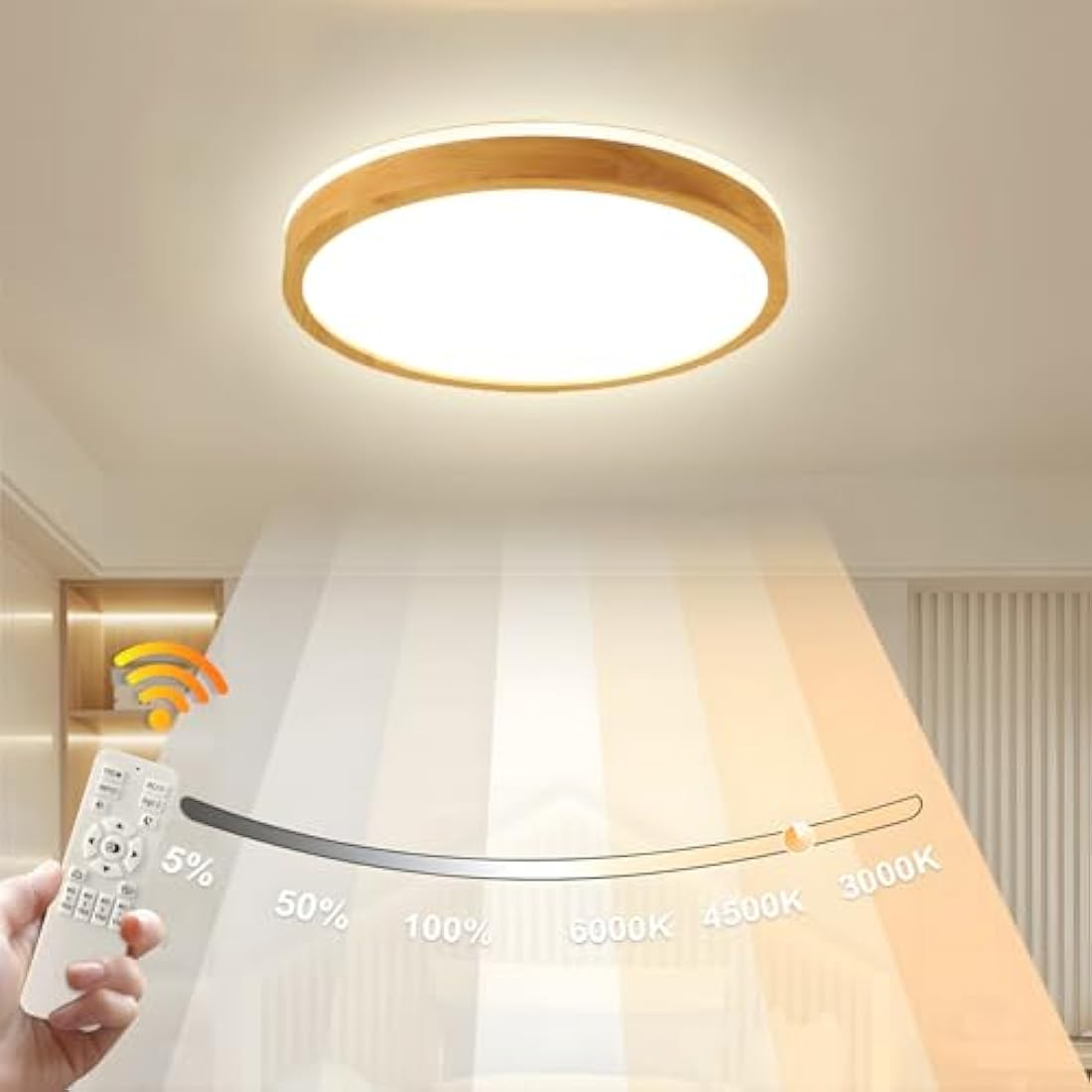 WayLuoung Round Wood LED Ceiling Light | 30W Dimmable with Remote Control