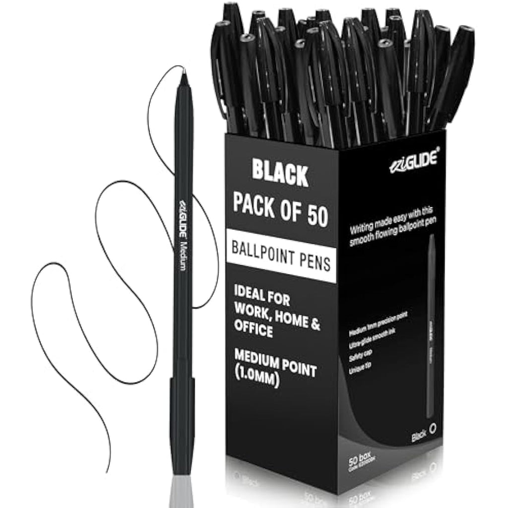 Eziglide Black Ballpoint Pens - 50 Pack Medium 1.0mm Smooth Writing