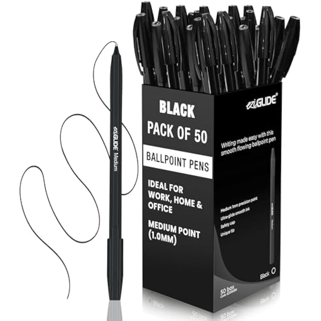Eziglide Black Ballpoint Pens - 50 Pack Medium 1.0mm Smooth Writing
