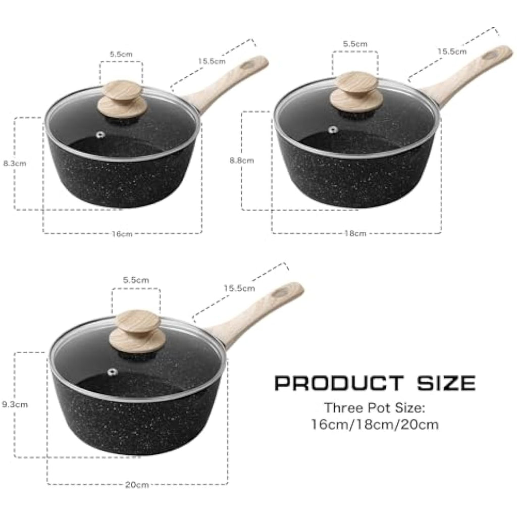 Rainberg Nonstick Granite Saucepan Set with Lids | 3PK Induction Pots