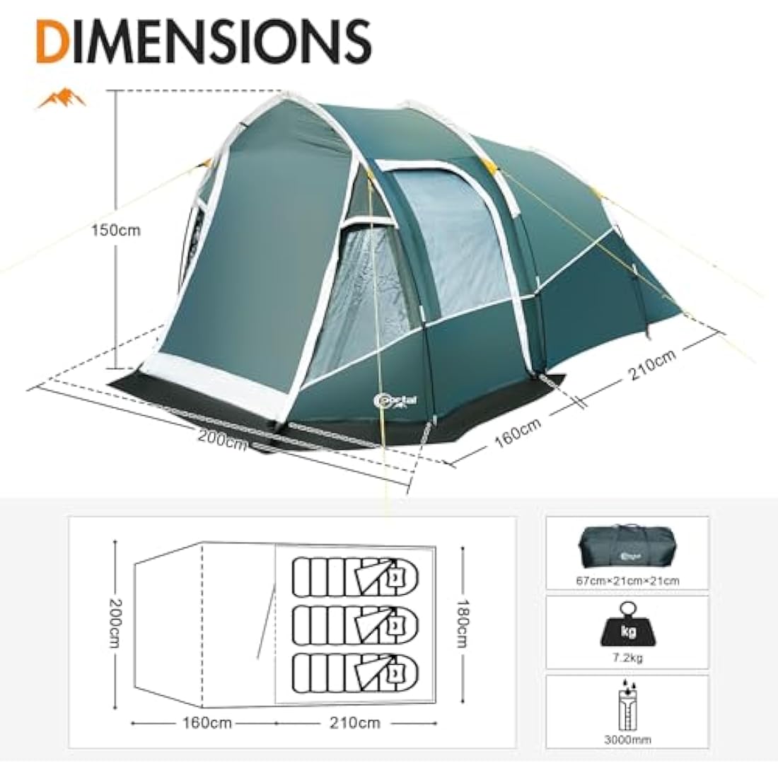 Portal 3 Person Tunnel Tent – 3000mm Waterproof Camping Tent with Porch