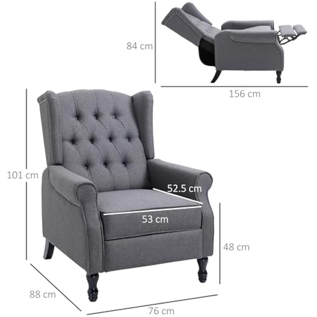 HOMCOM Vintage Wingback Recliner Armchair with Tufted Back - Light Grey