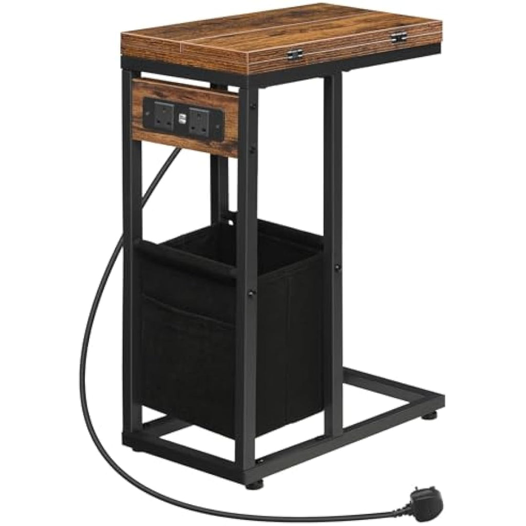 HOOBRO C Shaped Side Table with Charging Station and Foldable Top