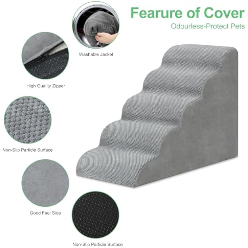 LIANTRAL 5-Step Foam Dog Stairs | Non-Slip Pet Ramp for High Beds, Grey