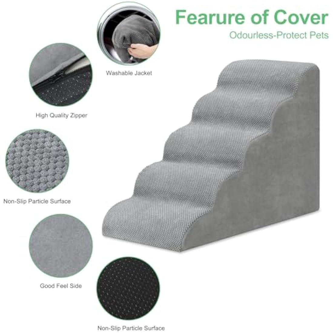 LIANTRAL 5-Step Foam Dog Stairs | Non-Slip Pet Ramp for High Beds, Grey