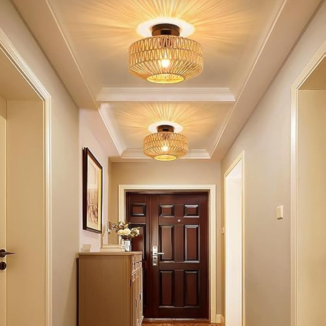 Schindora Boho Rattan Ceiling Light – Vintage Braided Basket Chandelier