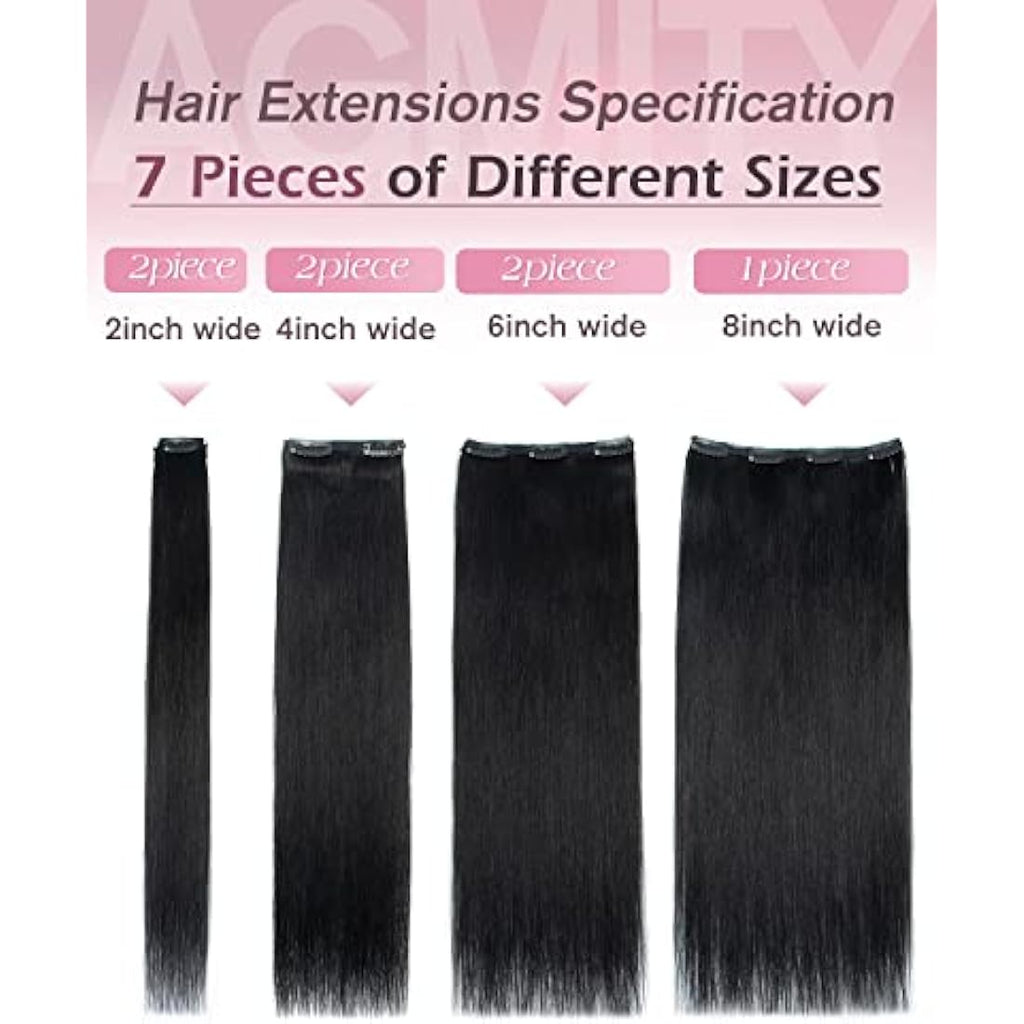 AGMITY Jet Black 16 Inch Remy Human Hair Clip In Extensions - 7Pcs