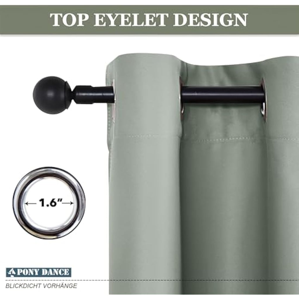 PONY DANCE Thermal Blackout Eyelet Curtains - Sage Green, 46 x 90 Inch