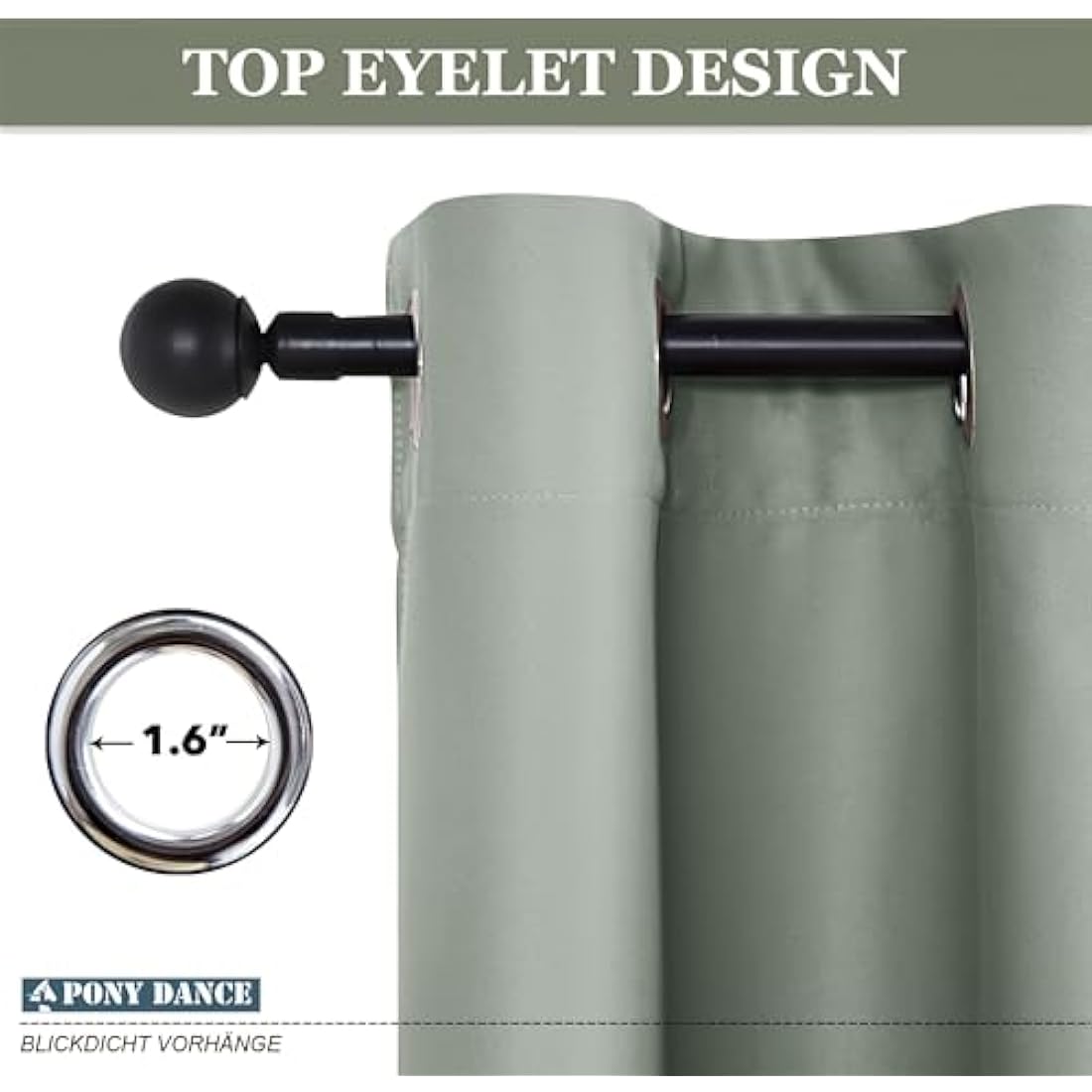 PONY DANCE Thermal Blackout Eyelet Curtains - Sage Green, 46 x 90 Inch