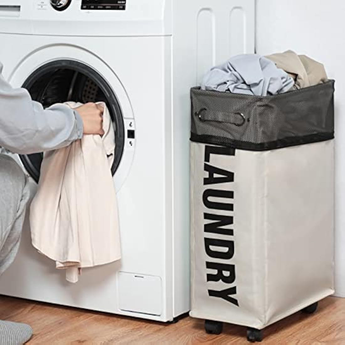 DOKEHOM Slim Rolling Laundry Basket | 25-Inch Collapsible Hamper - Beige