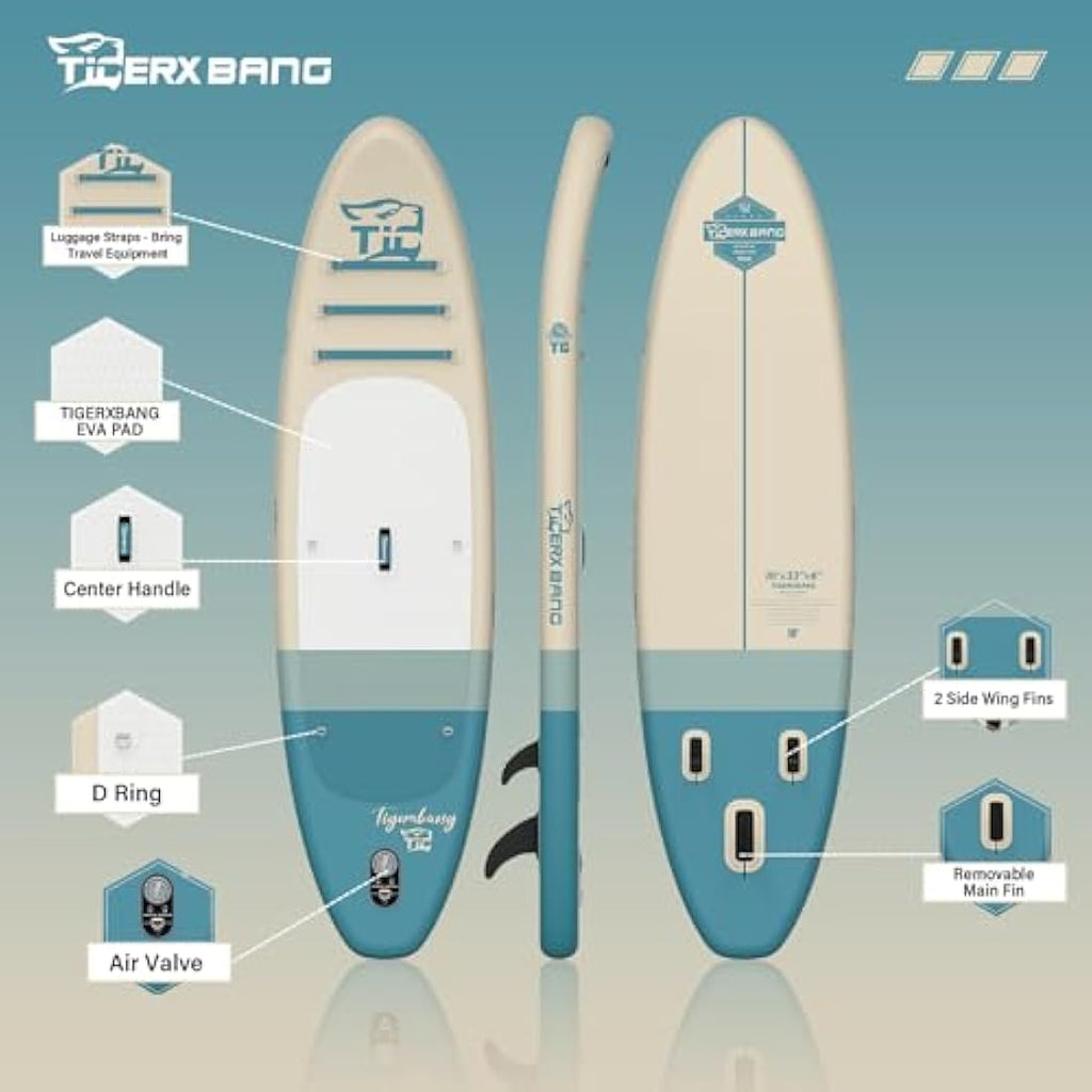 Tigerxbang Inflatable Stand Up Paddle Board | 10' Non-Slip SUP with Accessories