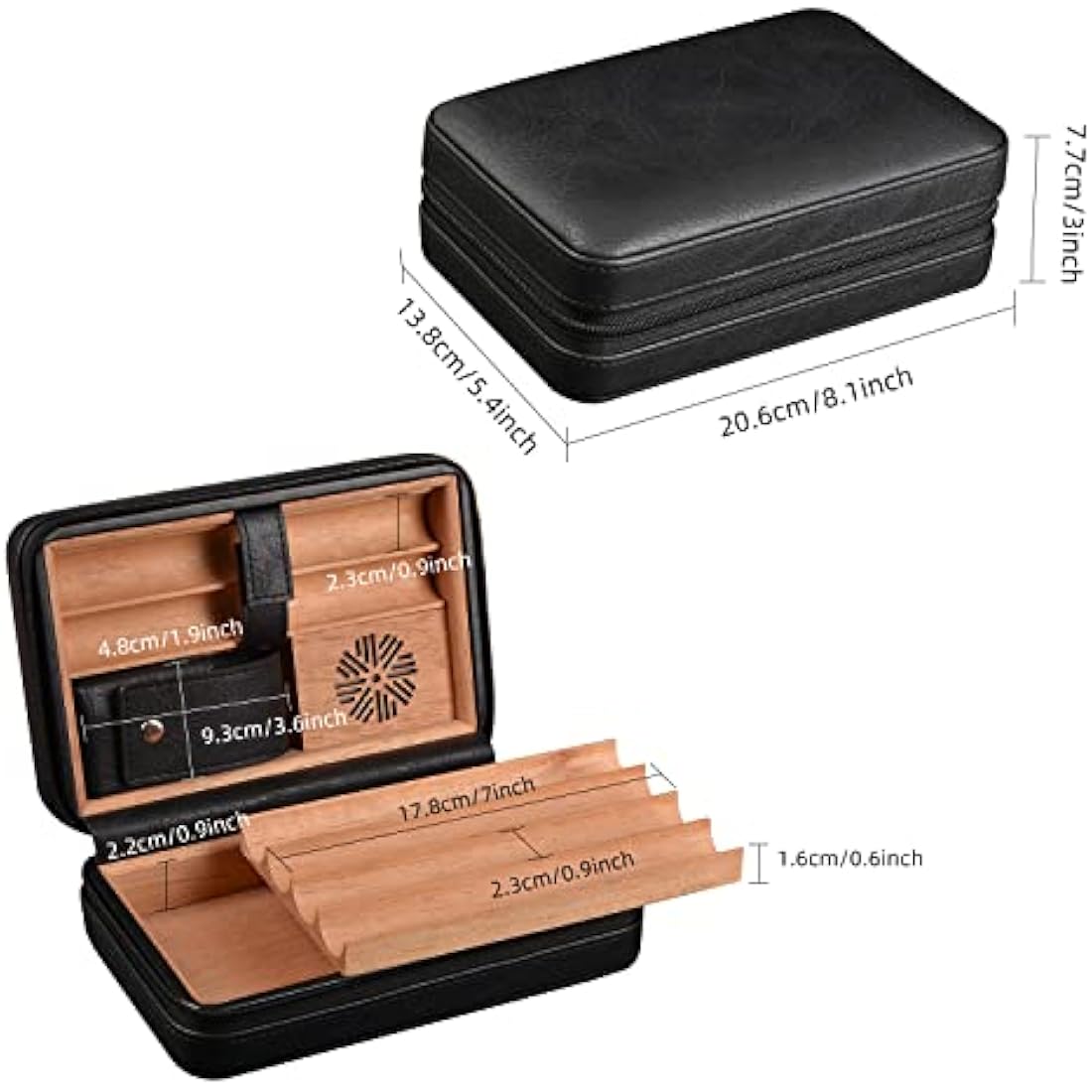 6-Finger Leather Cigar Travel Humidor with Lighter & Cedar Wood