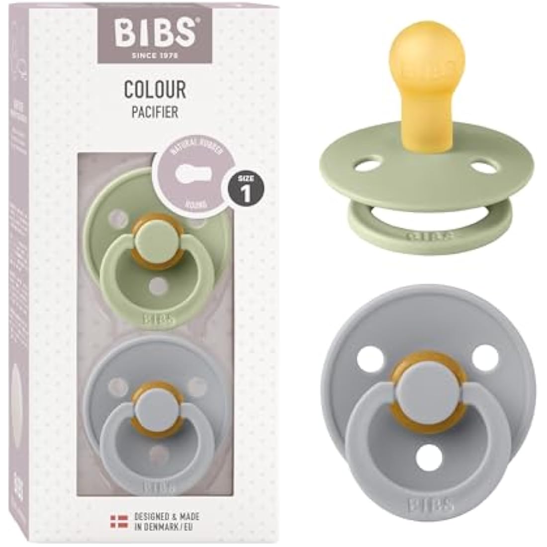 BIBS Colour Pacifier 2-Pack | Natural Rubber Latex Soother, 0-6 Months