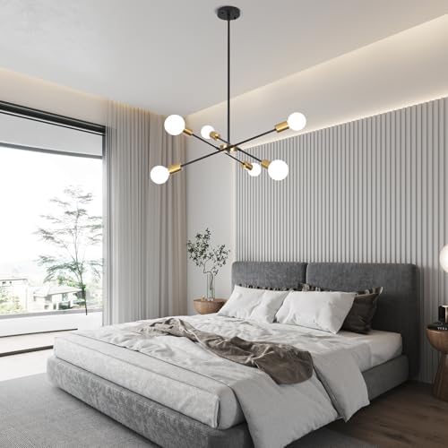 QAREHL 6-Arm Sputnik Chandelier – Modern Black and Gold Ceiling Light